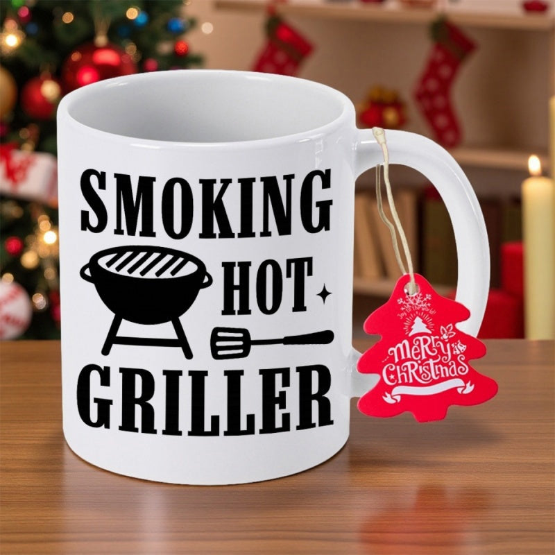Tailorly White Ceramic 11 oz Mug - Smoking Hot Griller Classic Kettle Barbecue With Sturdy Spatula Icon In Bold Black Ink Grill