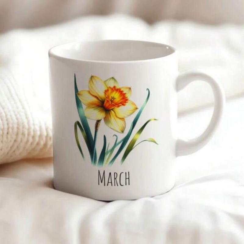 Tailorly White Ceramic 11 oz Mug - March Watercolor Blooming Yellow Daffodil With Green Leaves Nestled Among Spring Meadows Flower