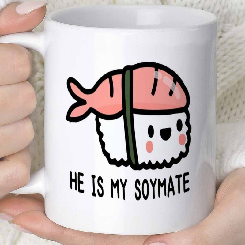 Tailorly White Ceramic 11 oz Mug - He Is My Soymate Adorable Smiling Prawn Nigiri Wrapped With Green Seaweed Band Sushi