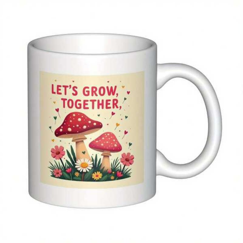 Tailorly White Ceramic 11 oz Mug - Lets Grow Together Red Spotted Mushrooms Nestled Among Small Wildflowers And Tiny Hearts Mushroom