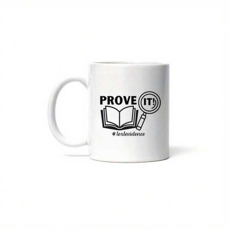 Tailorly White Ceramic 11 oz Mug - Prove It Minimalist Black Outline Design Featuring Open Book And Decorative Magnifying Glass Mug