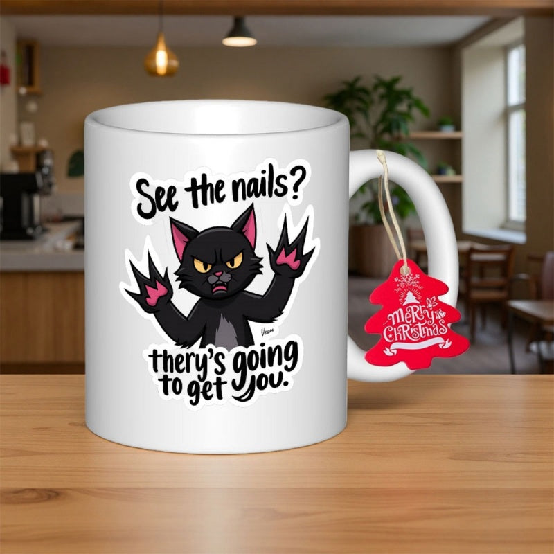 Tailorly White Ceramic 11 oz Mug - See The Nails Theyre Going To Get You Angry Black Kitten Showing Sharp Claws With Menacing Yellow Eyes Cat