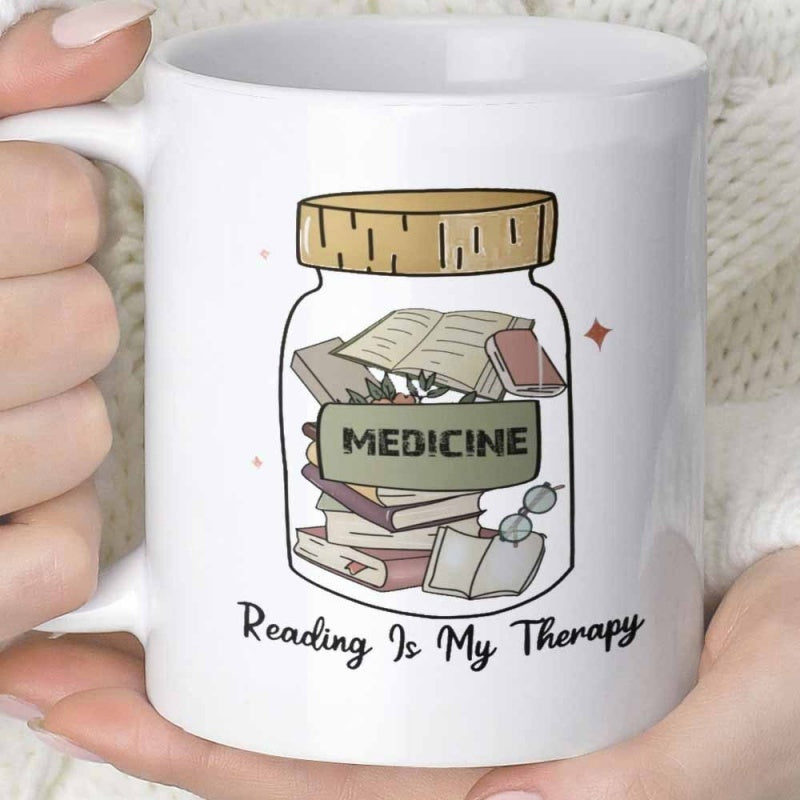 Tailorly White Ceramic 11 oz Mug - Reading Is My Therapy Medicine Stacked Books And Eyeglasses Inside A Glass Decorative Jar