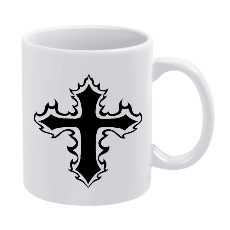 Tailorly White Ceramic 11 oz Mug - Intricate Gothic Black Pattern Featuring Sharp Decorative Edges And Flame Silhouettes Cross