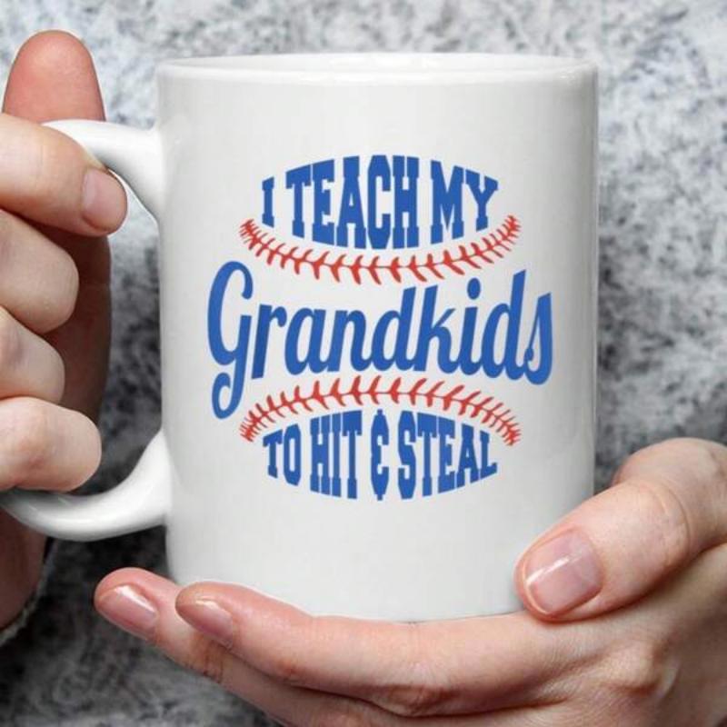 Tailorly White Ceramic 11 oz Mug - I Teach My Grandkids To Hit Steal Classic Red Baseball Stitches Surrounding Bold Blue Athletic Script Baseball