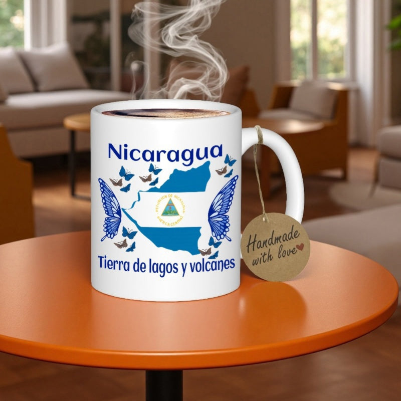 Tailorly White Ceramic 11 oz Mug - Nicaragua Blue Butterflies Fluttering Around National Map Silhouette With Vibrant Flag Colors Map