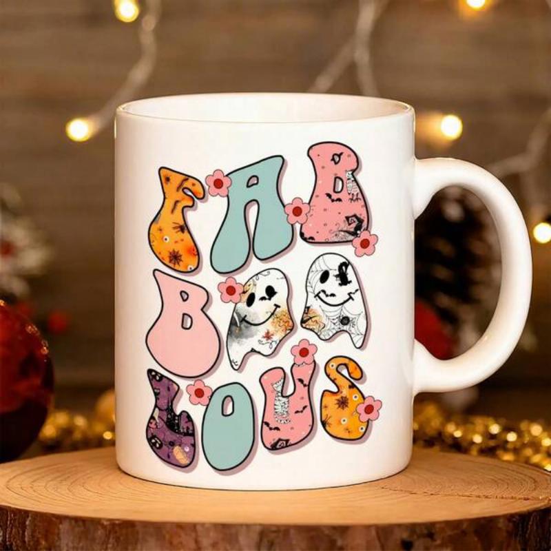 Tailorly White Ceramic 11 oz Mug - Fabulous Retro Style Groovy Patterns And Small Flowers With Two Friendly Smiling Ghosts