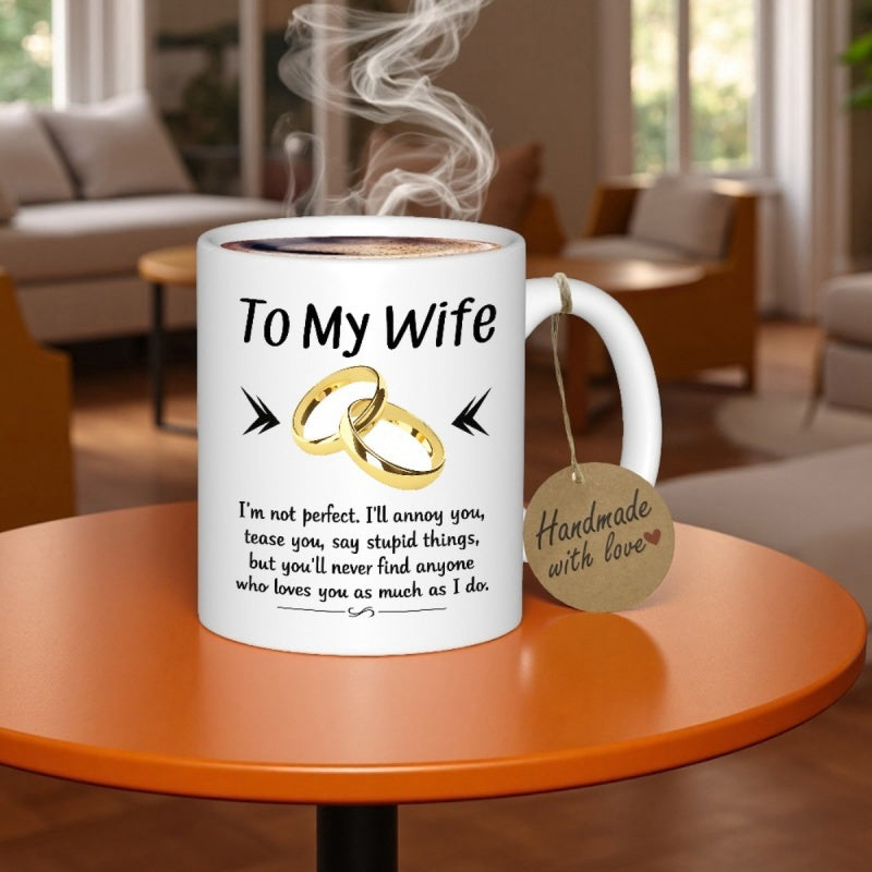 Tailorly White Ceramic 11 oz Mug - To My Wife Elegant Golden Interlocking Wedding Bands Symbolizing Eternal Commitment And True Love Rings