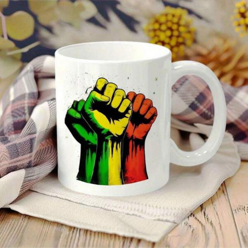 Tailorly White Ceramic 11 oz Mug - Vibrant Pan African Colored Clenched Fists Raised In Powerful Symbolic Solidarity Fist