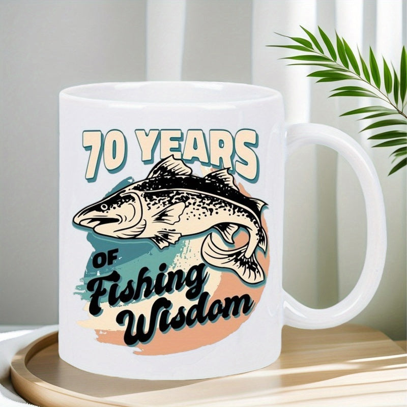 Tailorly White Ceramic 11 oz Mug - 70 Years Of Fishing Wisdom Vintage Styled Salmon Jumping Among Colorful Artistic Splashes Fish