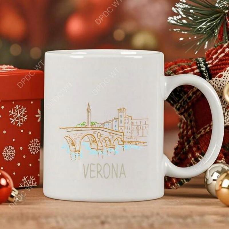 Tailorly White Ceramic 11 oz Mug - Verona Elegant Minimalist Sketch Of Ancient Stone Bridge Over Calm Water Cityscape