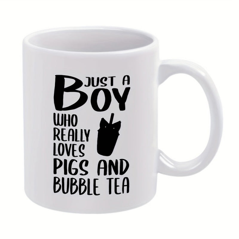 Tailorly White Ceramic 11 oz Mug - Just A Boy Who Really Loves Pigs And Bubble Tea Minimalist Black Script Design Featuring A Cute Cat Ear Drink Cup Mug