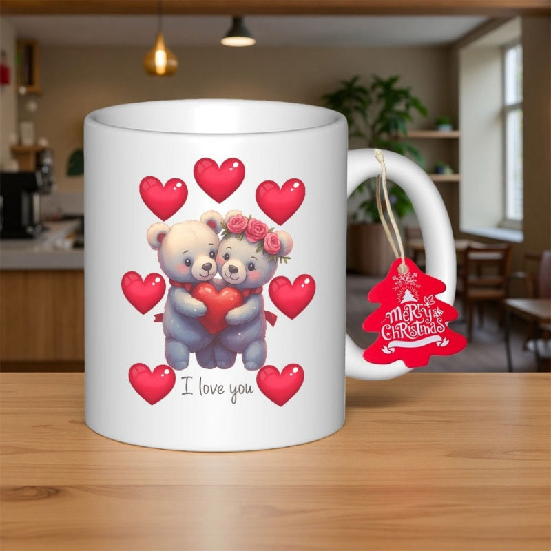 Tailorly White Ceramic 11 oz Mug - I Love You Two Cuddly Teddy Bears Hugging A Heart Among Floating Red Hearts Bear