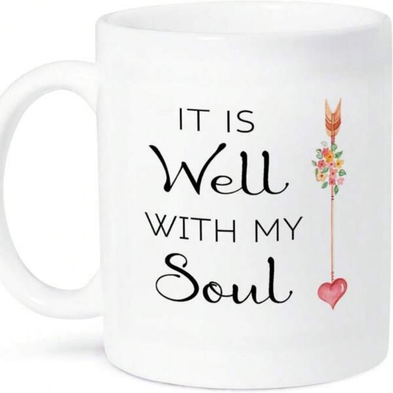 Tailorly White Ceramic 11 oz Mug - It Is Well With My Soul Delicate Floral Arrow With Small Heart Hanging Downward Under Text Mug