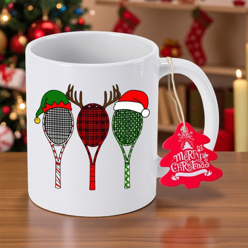 Tailorly White Ceramic 11 oz Mug - Merry Christmas Three Festive Tennis Designs Featuring Holiday Hats And Antlers Rackets