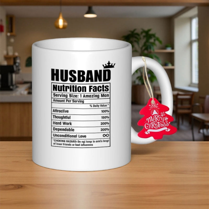 Tailorly White Ceramic 11 oz Mug - Husband Nutrition Facts Sleek Ceramic Surface Featuring Bold Black Text Layout In Label Style Mug