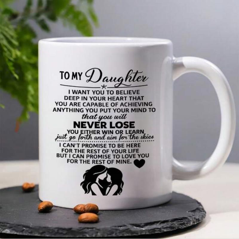 Tailorly White Ceramic 11 oz Mug - To My Daughter I Want You To Believe Minimalist Black Ink Silhouette Featuring A Mother Embracing Her Young Daughter Mug