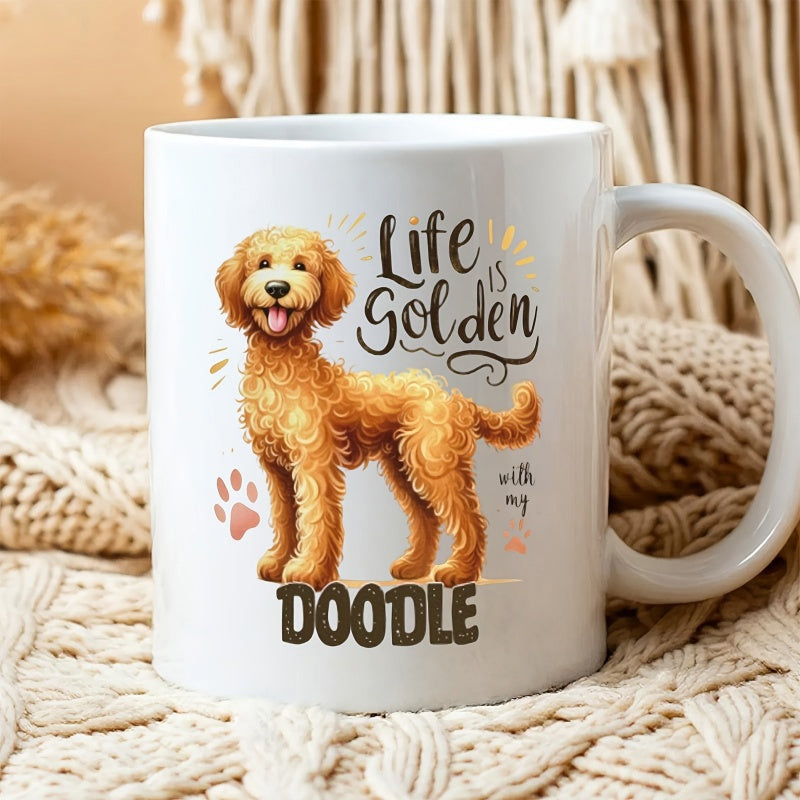 Tailorly White Ceramic 11 oz Mug - Life Is Golden With My Doodle Adorable Fluffy Golden Dog Standing Happy Beside Small Paw Print Doodle