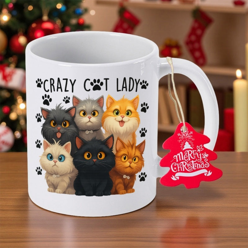 Tailorly White Ceramic 11 oz Mug - Crazy Cat Lady Merry Christmas Six Colorful Fluffy Cartoon Kittens In A Row Cat