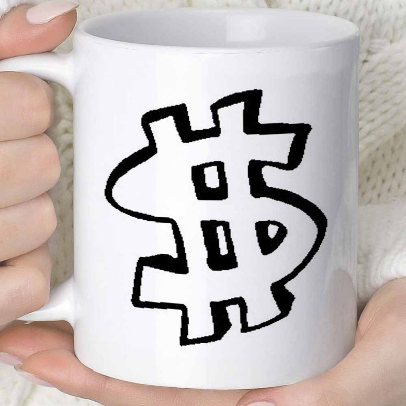 Tailorly White Ceramic 11 oz Mug - Hand Drawn Style Bold Black Outlined Large Currency Symbol Dollar Sign