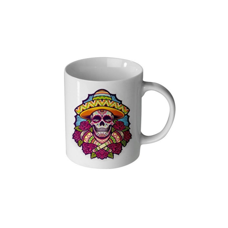Tailorly White Ceramic 11 oz Mug - Traditional Mexican Festive Sugar Design With Sombrero Maracas And Roses Skull