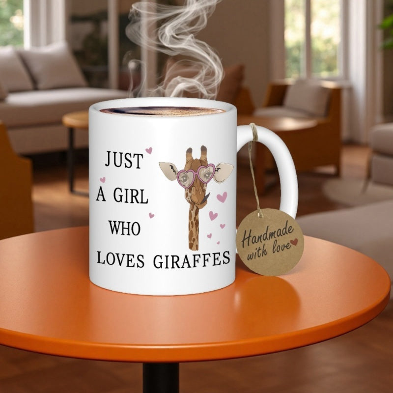 Tailorly White Ceramic 11 oz Mug - Just A Girl Who Loves Giraffes Adorable Cartoon Wearing Pink Heart Glasses Among Floating Hearts Giraffe
