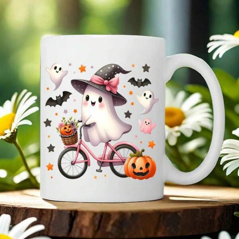 Tailorly White Ceramic 11 oz Mug - Adorable Spooky Spirit Riding Pink Bicycle Among Festive Pumpkins And Bats Ghost