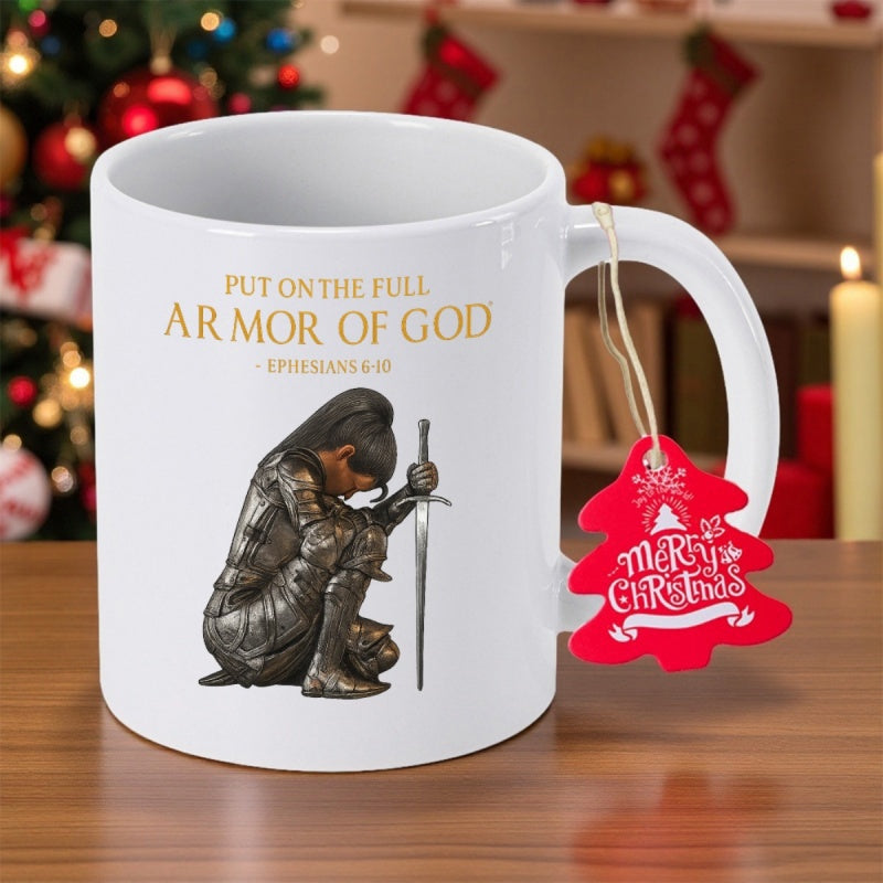 Tailorly White Ceramic 11 oz Mug - Put On The Full Armor Of God Ephesians 6 10 Courageous Kneeling Figure In Full Detailed Metallic Armor Holding Sword Knight