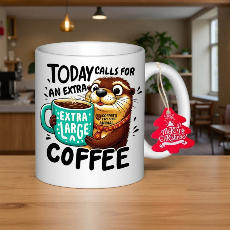 Tailorly White Ceramic 11 oz Mug - Today Calls For An Extra Large Coffee Charming Little Animal Holding Steaming Cup Filled With Fresh Hot Drink Otter