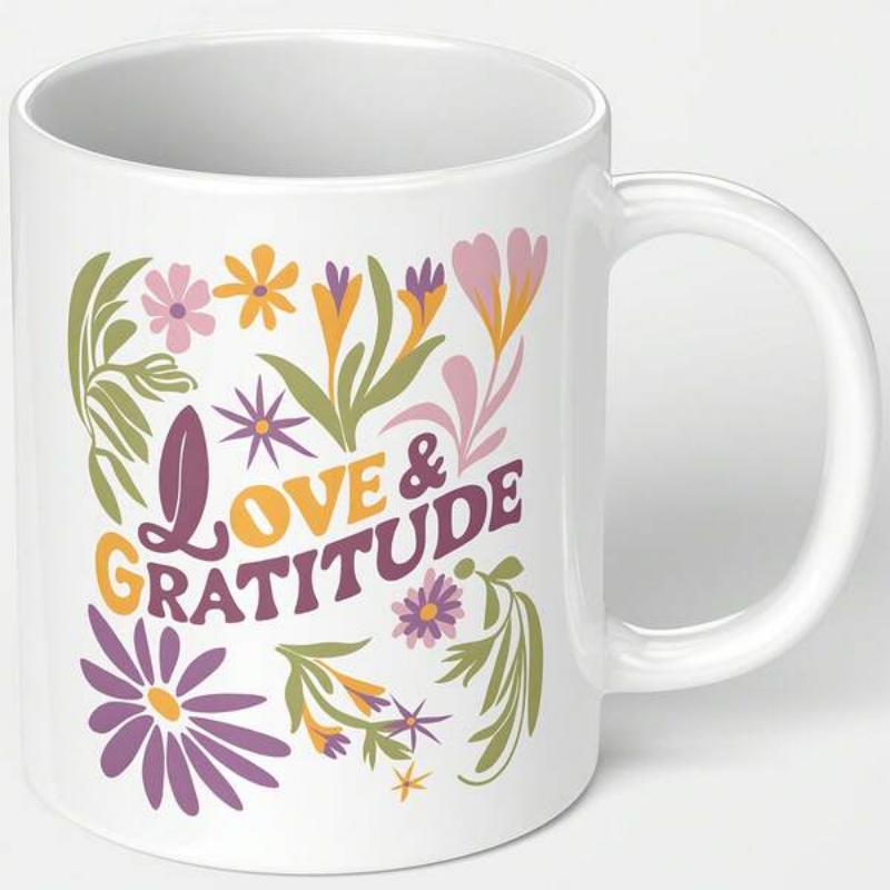 Tailorly White Ceramic 11 oz Mug - Love Gratitude Vibrant Blooming Retro Garden Elements Among Whimsical Leafy Foliage Flower