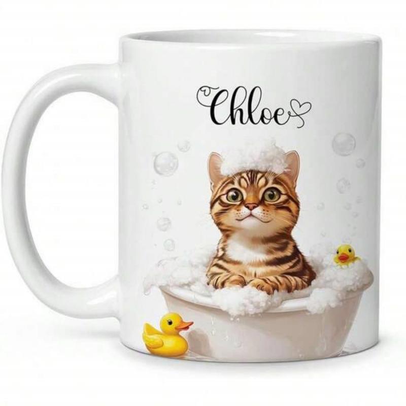 Tailorly White Ceramic 11 oz Mug - Chloe Adorable Tabby Taking Bubble Bath Among Small Yellow Rubber Ducks Cat