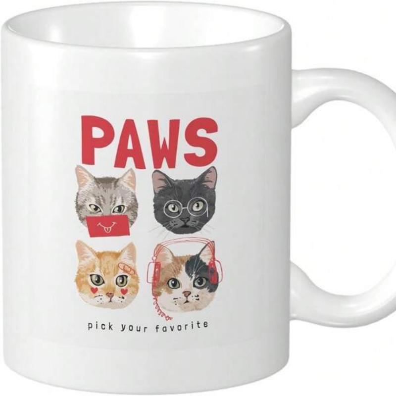 Tailorly White Ceramic 11 oz Mug - Paws Pick Your Favorite Four Adorable Cartoon Faces With Glasses And Headphones In Grid Cat
