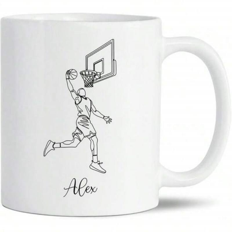 Tailorly White Ceramic 11 oz Mug - Alex Minimalist Black Line Art Showing Dynamic Motion During A Competitive Basketball Dunk