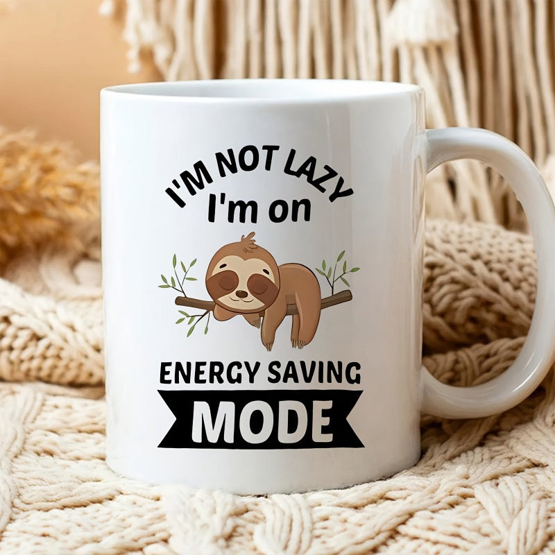 Tailorly White Ceramic 11 oz Mug - Im Not Lazy Im On Energy Saving Mode Adorable Sleeping Animal Resting Upon A Green Leafy Branch Sloth