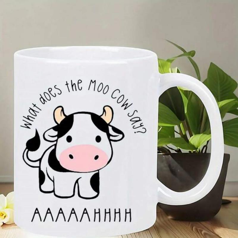 Tailorly White Ceramic 11 oz Mug - What Does The Moo Cow Say AAAAAAHHHH Adorable Black And White Spotted Calf With Tiny Horns Cow