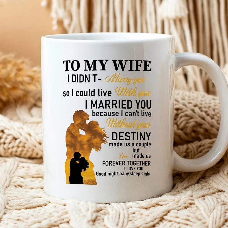 Tailorly White Ceramic 11 oz Mug - To My Wife I Married You Forever Together I Love You Romantic Silhouette Of A Kissing Couple With Golden Sunset Textures Couple