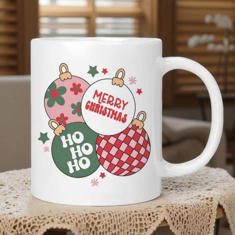 Tailorly White Ceramic 11 oz Mug - Merry Christmas Ho Ho Ho Colorful Festive Baubles Decorated With Flowers And Patterns Among Tiny Stars Ornament