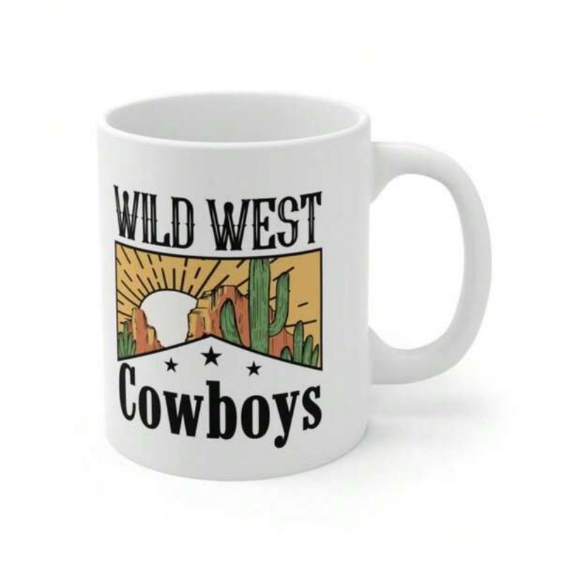 Tailorly White Ceramic 11 oz Mug - Wild West Cowboys Desert Scene With Setting Sun And Tall Saguaro Cactus