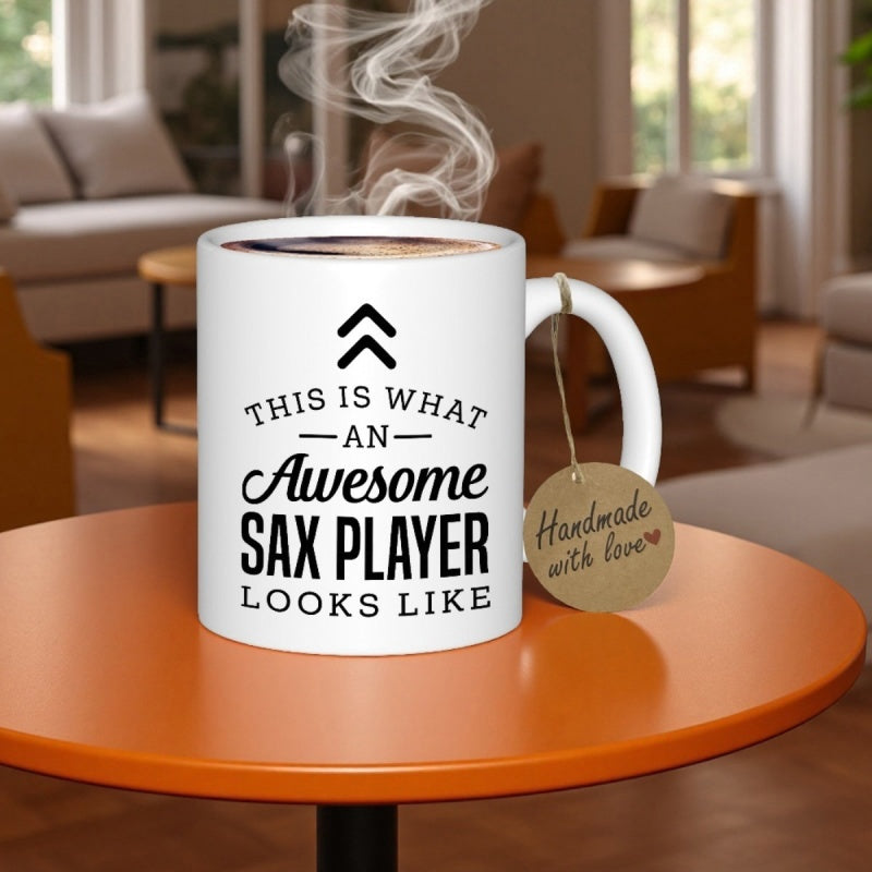Tailorly White Ceramic 11 oz Mug - This Is What An Awesome Sax Player Looks Like Minimalist Black Typography Design With Bold Arrows And Lettering Mug