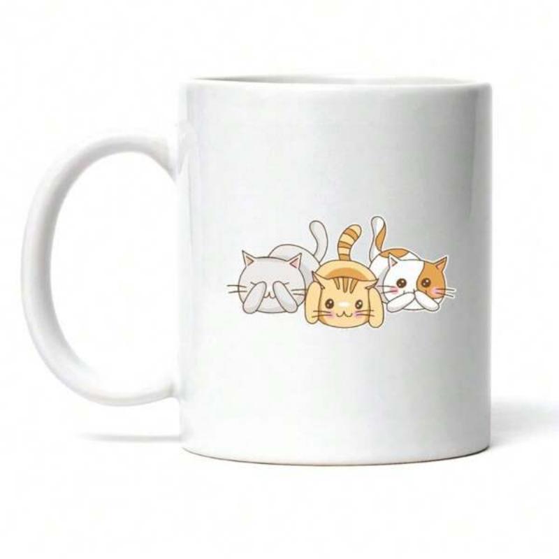 Tailorly White Ceramic 11 oz Mug - Three Adorable Cartoon Kittens Sitting In A Row On White Background Cats