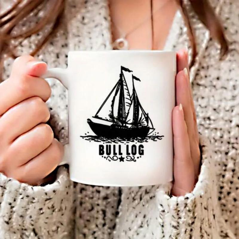 Tailorly White Ceramic 11 oz Mug - Bull Log Classic Black Silhouette Vessel Sailing Over Gentle Ocean Ripples Sailboat