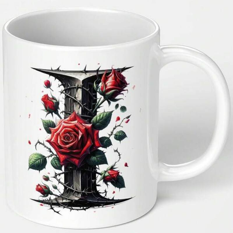 Tailorly White Ceramic 11 oz Mug - Gothic Metal Letter Wrapped In Thorny Vines With Elegant Red Rose