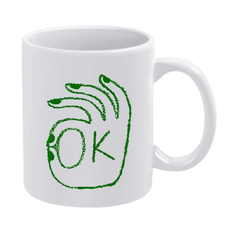 Tailorly White Ceramic 11 oz Mug - Ok Green Sketch Style Outlining A Positive Gesture Among Textured Lines Hand