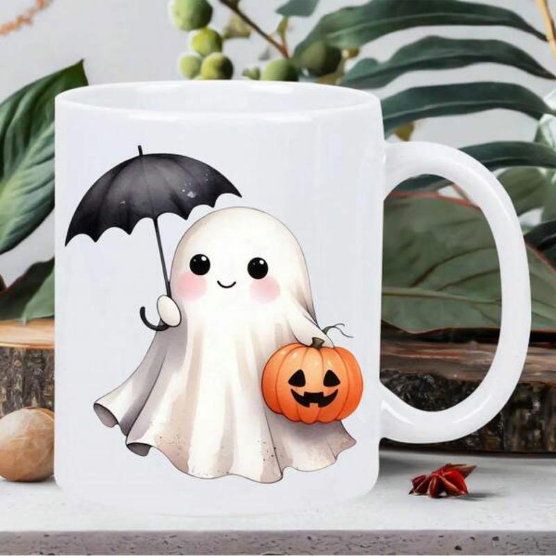 Tailorly White Ceramic 11 oz Mug - Adorable White Ghost Holding Black Umbrella And Small Orange Carved Pumpkin Ghost