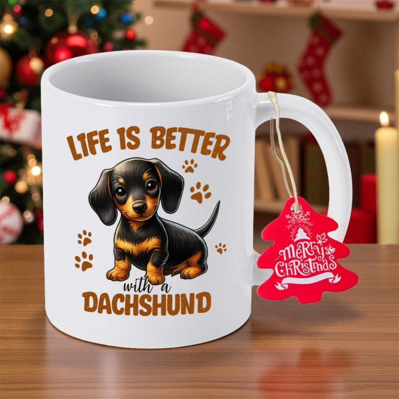 Tailorly White Ceramic 11 oz Mug - Life Is Better With A Dachshund Adorable Cartoon Puppy Sitting Peacefully Among Paw Prints Dachshund