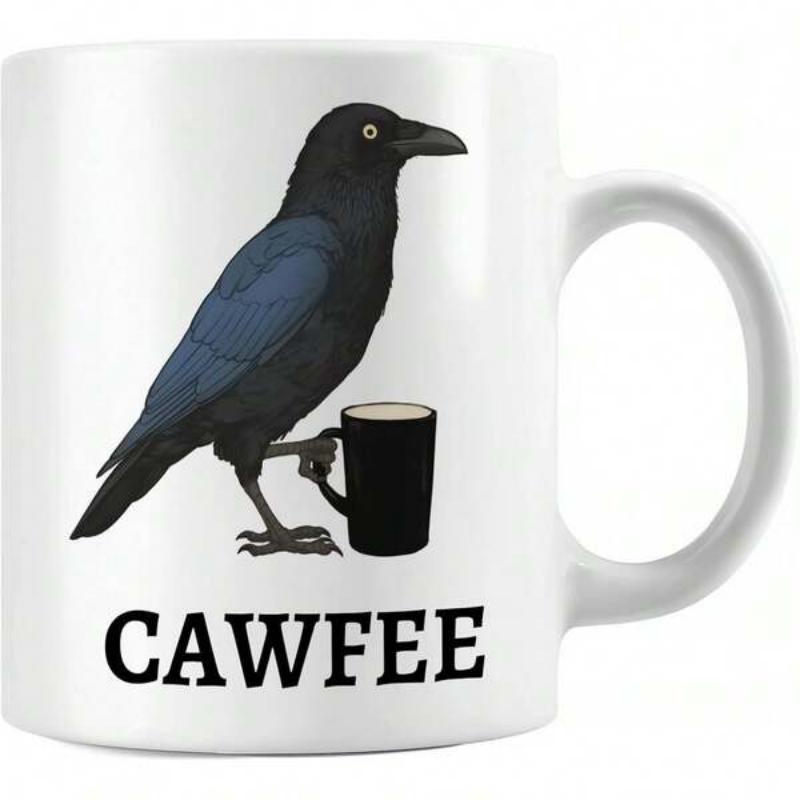 Tailorly White Ceramic 11 oz Mug - Cawfee Majestic Black Raven Standing Beside A Small Steaming Dark Coffee Mug Crow