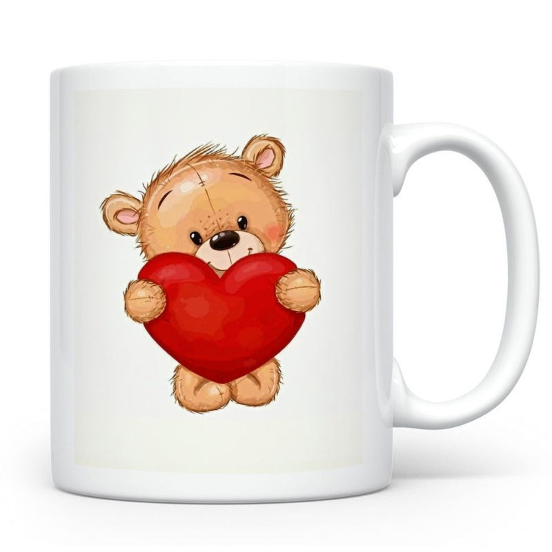 Tailorly White Ceramic 11 oz Mug - Adorable Brown Teddy Bear With Big Red Heart For Valentines Day Bear