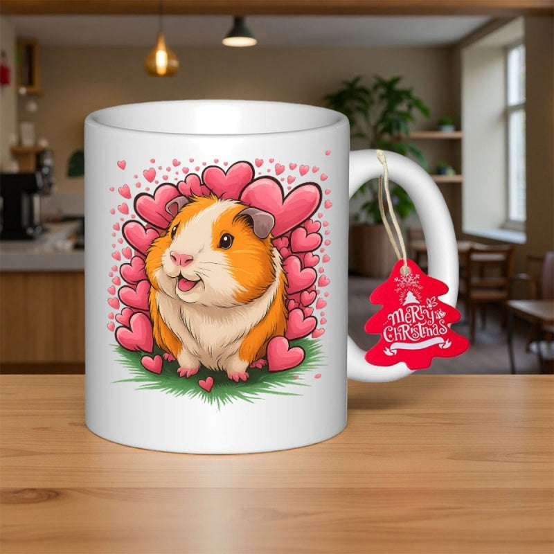 Tailorly White Ceramic 11 oz Mug - Merry Christmas Adorable Fluffy Pet Surrounded By Pink Hearts On Green Grass Guinea Pig