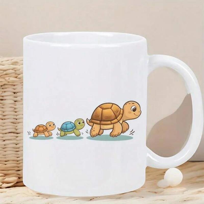 Tailorly White Ceramic 11 oz Mug - Three Cute Cartoon Turtles Walking Along A Sunny Path Together Turtle