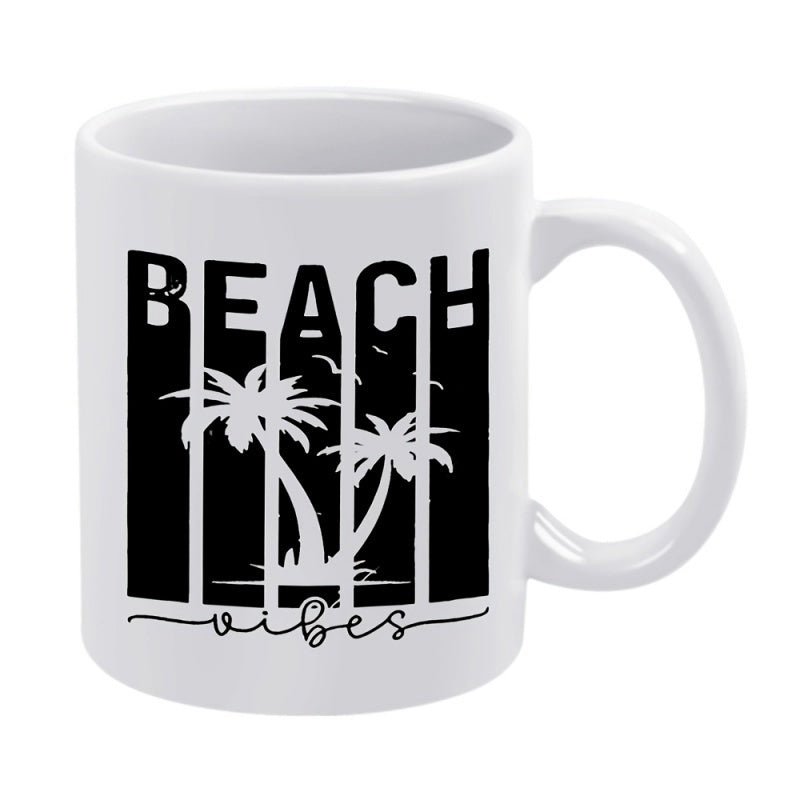 Tailorly White Ceramic 11 oz Mug - Beach Vibes Retro Tropical Sunset Scene With Vertical Stripes And Breezy Palm Tree